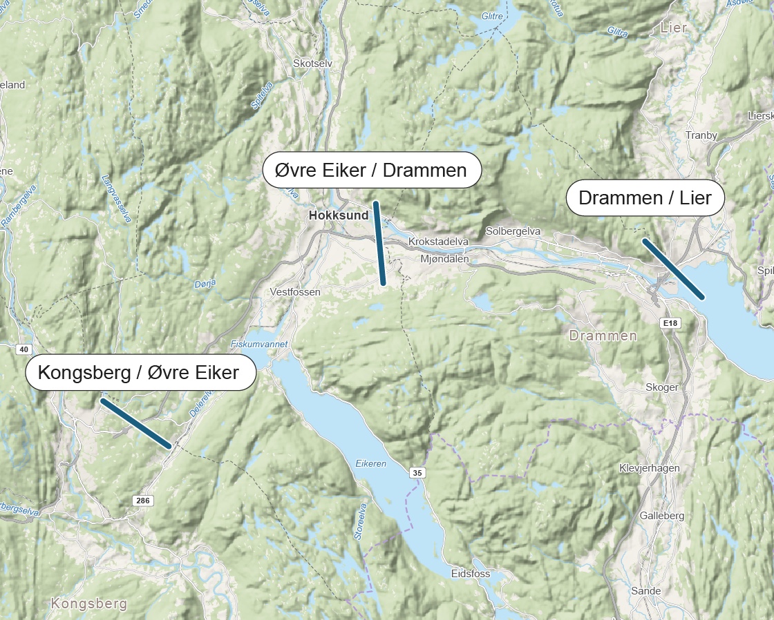 Kart over Buskerudbyen med tre bomsnitt: mellom Kongsberg og Øvre Eiker, mellom Øvre Eiker og Drammen og mellom Drammen og Lier